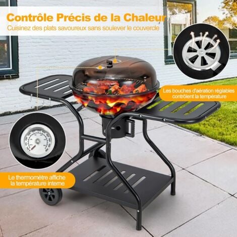 Barbecue à Charbon de Bois Extérieur Gril au Charbon de Bois Portable avec  2 Tables d'Appoint Pliables 8 Crochets 2 Roues Ouvre-Bouteille pour  Pique-nique Camping Patio Noir - Costway