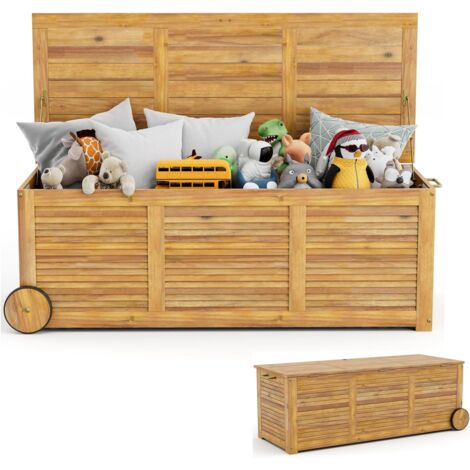 Goplus – Coffre de jardin en bois d'acacia 127x50x45cm – Capacité 182L – Housse imperméable – 2 roues et poignée latérale - Acacia-127x50x45CM- (1/5)