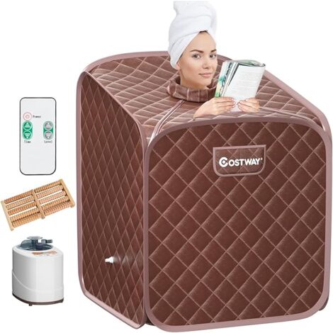 GOPLUS Cabine de Sauna Pliable 2L 1000W, Sauna à Vapeur Portable à Domicile avec Chaise Pliante, 10 Niveaux de Température, Marron