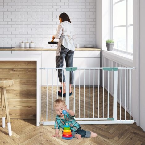 GOPLUS  Barrière de Sécurité pour Bébé&Animaux avec 3 Extension et Kit de Montage-71-120X76 CM avec Fermeture Automatique Blanc