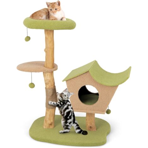GOPLUS Arbre à Chat 110cm en Bois, Arbre à Chat avec Griffoir en Jute, Condo, Perchoir, Boule Suspendue, 79x60x110cm (1/5)