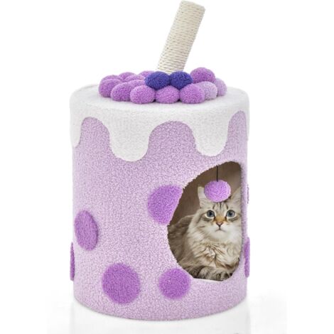GOPLUS Arbre à Chat Boba Tea Cup 67cm,Griffoir, Balle Suspendue, Maison de Luxe pour Chat avec Coussin Doux, Violet et Blanc (1/5)
