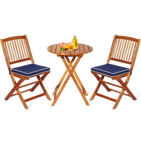 Goplus – Ensemble table et chaises de jardin pliant 2 places – Bois d'acacia – Table ronde 60cm – Coussins inclus – Compact et élégant - Pliant-2 (1/5)