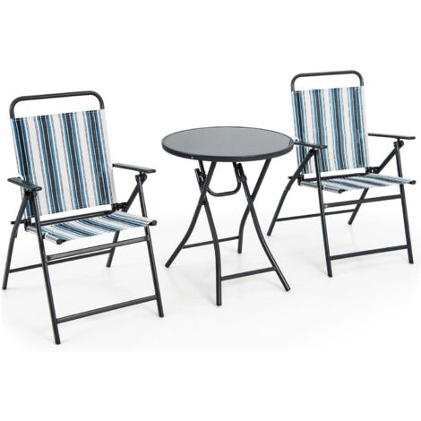 GOPLUS 3 PCs Salon de Jardin Pliable-2 Chaises en Textilène et 1 Table Basse en Verre Trempé-Cadre Métallique-pour Jardin/Terrasse (1/5)