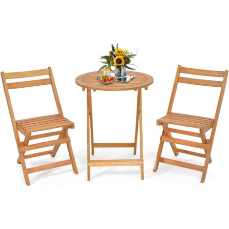GOPLUS 3PCs Salon de Jardin Pliant-2 Chaises+1 Table en Bois d'Acacia-Table et Chaise d'Extérieur pour Jardin et Terrasse (1/5)