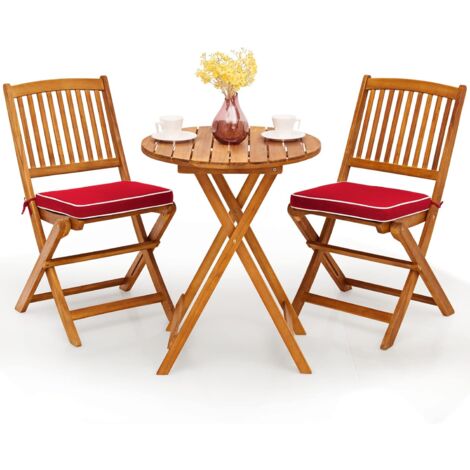 Goplus – Ensemble table et chaise de jardin pliant 2 places – Bois d'acacia – 2 chaises avec coussins – Table ronde 60cm – Rouge - Pliant-2 (1/5)