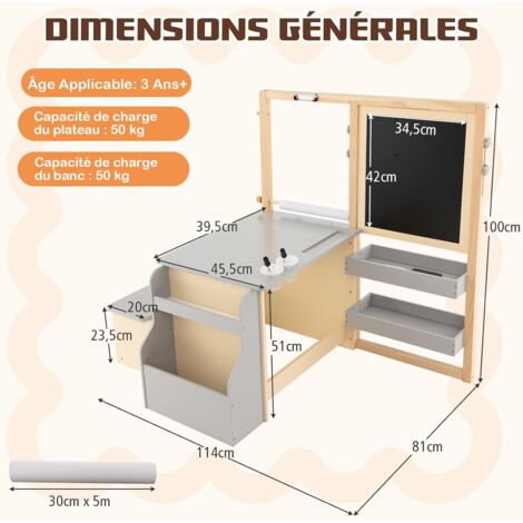 Tableau Enfant 3 En 1 Chevalet Double Face Avec Rouleau De Papier Et 2 Paniers De Rangement 3662897107476