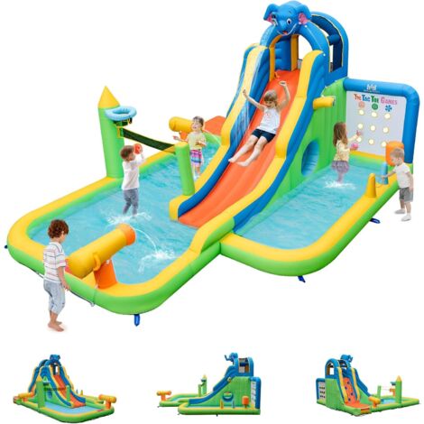 Goplus – Château gonflable géant 9-en-1 pour enfants 3-10 ans – Mur d'escalade, canons à eau, piscine – Dimensions 378 x 469 x 250 cm (1/5)