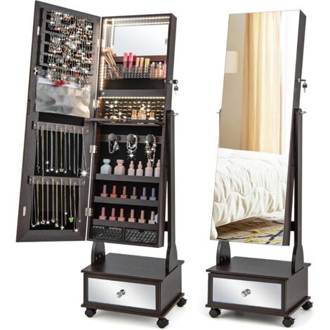 GOPLUS Armoire à Bijoux avec Roues Verrouillable-Miroir de Courtoisie Interne et Pleine Longueur-Lumières LED Marron