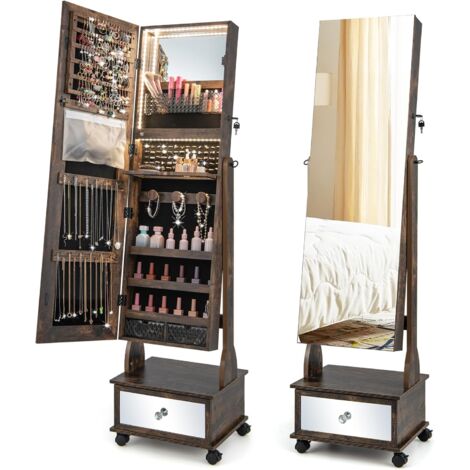 GOPLUS Armoire à Bijoux avec Roues Verrouillable-Miroir de Courtoisie Interne et Pleine Longueur-Lumières LED Café