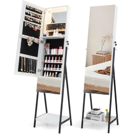 GOPLUS Armoire à Bijoux sur Pied-Miroir Pleine Longueur-Lumières LED 3 Couleurs-Verrouillable-Étagère de Maquillage Pliable Blanc (1/5)