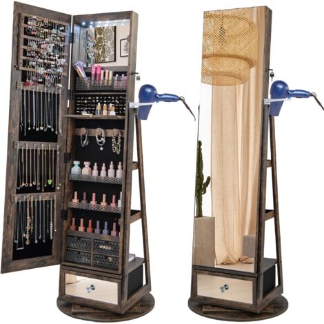 GOPLUS Armoire à Bijoux sur Pied Pivotante à 360°-Lumière LED-Support pour Sèche-Cheveux-Miroir Pleine Longueur Marron