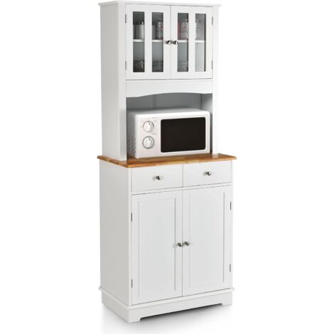 Goplus – Buffet haut cuisine 170 cm – Armoire supérieure avec portes en verre trempé – Comptoir en bois d'hévéa – Étagères réglables – 2 tiroirs coulissants (1/5)