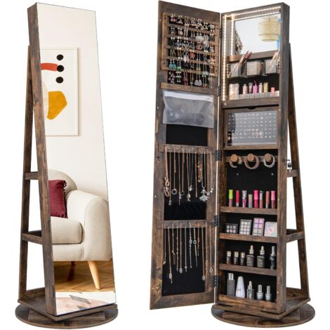 GOPLUS Armoire à Bijoux avec Miroir Pleine Longueur Rotative à 360° Avec Lumière Led 3 Couleurs-Miroir de Maquillage Intérieur Café