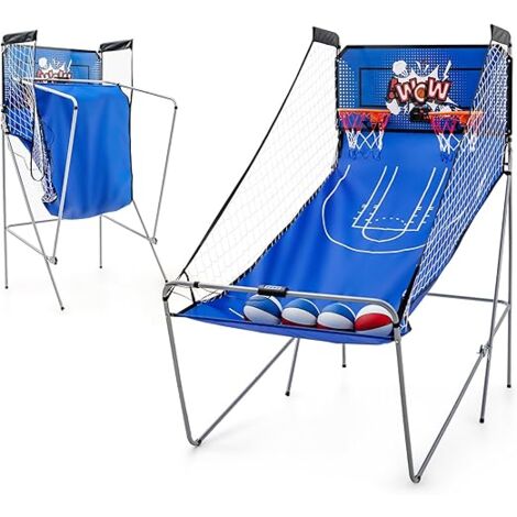 Jeu de Basketball Arcade Pliable - GOPLUS - 2 Paniers/4 Ballons/8 Modes de Jeux/Capteur Électrique/LED Score - 202x107x205CM - Bleu