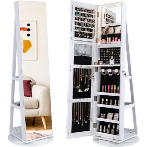 GOPLUS Armoire à Bijoux avec Miroir Pleine Longueur Rotative à 360° Avec Lumière Led 3 Couleurs-Miroir de Maquillage Intérieur Blanc