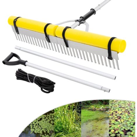 GOPLUS Râteau Flottant Lac pour Mauvaises Herbes 230x92CM, Râteau Paysager Pliable Aluminium, Manche d'Extension Réglable, 36 Dents,Flotteurs en Mousse & Corde 600CM, pour Jardin, Pelouse, Étang