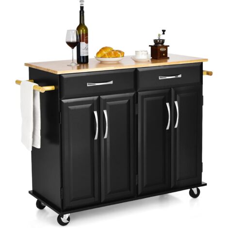 GOPLUS Desserte de Cuisine à Roulettes Verrouillables-2 Tiroirs,2 Porte-Serviettes,2 Armoires à Double Porte-Comptoir en Bois,Noir (1/5)