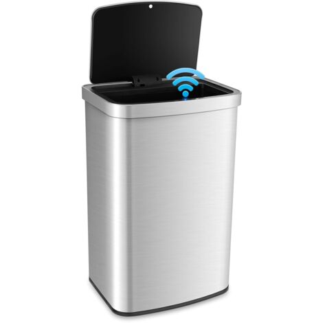 Goplus – Poubelle automatique 50 L – Capteur de mouvement infrarouge – Fermeture douce et rapide – Compartiment désodorisant intégré – Acier inoxydable (1/5)