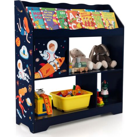 GOPLUS Étagère de Rangement Enfants-Bibliothèque 3 Compartiments-Dispositif Anti-basculement-Étagère à Livres avec Motif Fusée Bleu (1/5)
