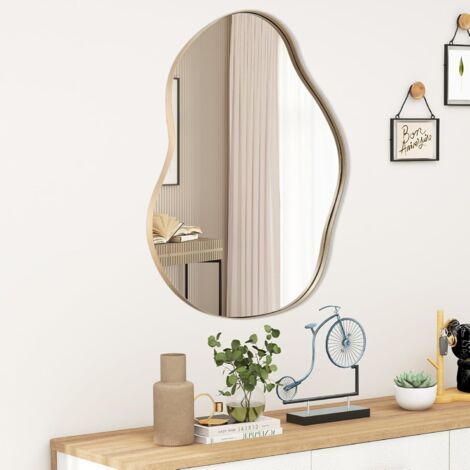 Goplus – Miroir mural décoratif en forme irrégulière 78 x 56,5cm – Verre antidéflagrant HD – Cadre en bois naturel – Installation verticale/horizontale