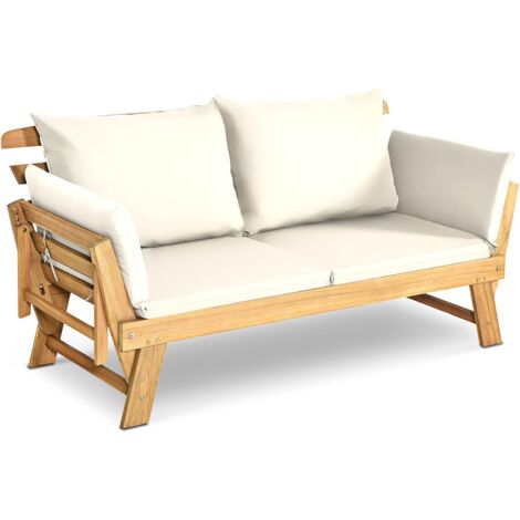 Goplus – Canapé convertible 2 places en bois d'acacia – Réglable en lit ou chaise longue – Coussins amovibles – Charge 320 kg – Blanc (1/5)