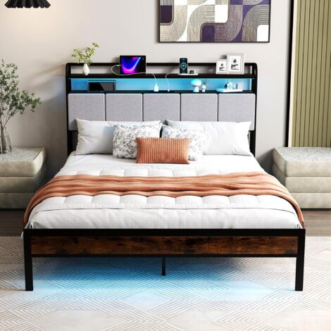 Goplus – Cadre de lit intelligent 140x200cm – Charge 300kg – Éclairage LED avec télécommande – Tête rembourrée avec station de charge et rangement (1/5)
