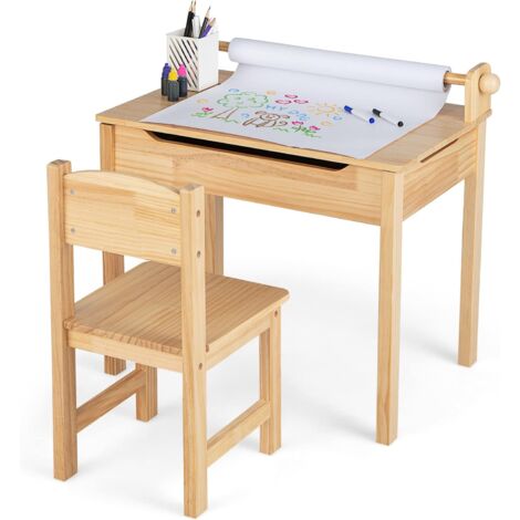 Goplus – Table enfant 60 x 40 x 58 cm avec chaise 29 x 29 x 53 cm – Bureau d'écriture en bois de pin – Rangement pour crayons et rouleau de papier
