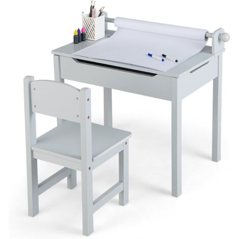 Goplus – Table enfant avec chaise 3+ ans – Bureau d'écriture en bois avec rangement – Dimensions 60x40x58 cm – Rouleau de papier 10 m