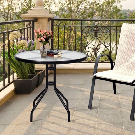 GOPLUS Table de Jardin Ronde D.70x71cm-Plateau en Verre-Trou de Parasol de 43mm-Structure Métallique-Motif de Vagues d'Eau (1/5)