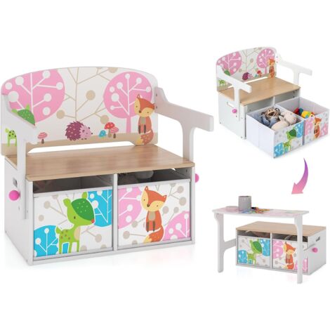 GOPLUS 3-en-1 Ensemble Table et Chaise Enfant Convertible-Coffre de Rangement avec 2 Bacs en Tissu Amovibles Charge 60/10KG Blanc (1/5)