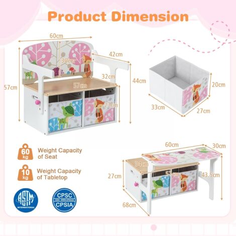 Coffre à Jouet - AIYAPLAY - 3 En 1 - Ensemble Table Et Chaises Avec 2 Bacs En Tissu Amovibles - MDF - 67,5 X 46,5 X 56,7 Cm - Blanc - Puériculture & Eveil Bébé