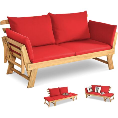Goplus – Canapé lit de jardin extensible 2 places en acacia – Charge 320 kg – Accoudoirs réglables – Coussins amovibles – Rouge (1/5)
