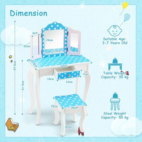 Coiffeuse Enfant Bois Avec Chaise Et Miroir | Table Maquillage Fille Rangement Fleur Rose