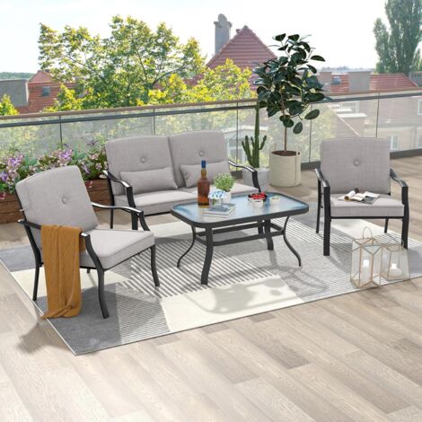 GOPLUS Salon de Jardin 4 Pièces en Métal-1 Canapé/2 Chaises/Table Basse en Verre Trempé-avec Coussins-Mobilier de Jardin pour Patio, Gris (1/5)
