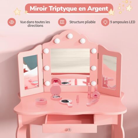 Ensemble Coiffeuse Avec Tabouret - Miroir LED 3 Couleurs - Table Maquillage - Neuf