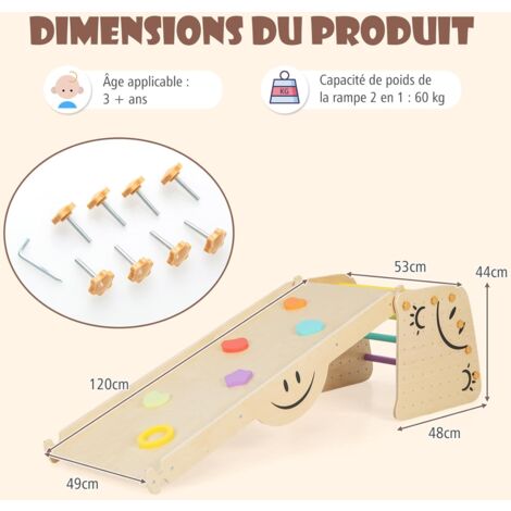 Triangle D'escalade Enfant 9 En 1 En Bois - Avec Toboggan, Bascule, Tableau Noir - Pour 18-48 Mois (50 Kg Max)