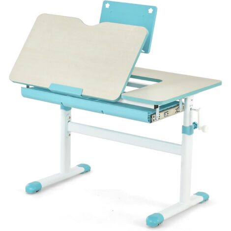 GOPLUS Bureau Enfants Charge 80KG-Table Réglable en Hauteur-Plateau Inclinable & Support de Livre & Tiroir-Poste de Travail Bleu