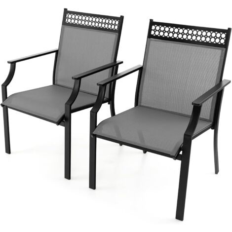GOPLUS Lot de 2 Chaises Jardin en Tissu 66x61x90cm Charge 150KG-Dossier Haut-Accoudoirs Confortables Gris (1/5)