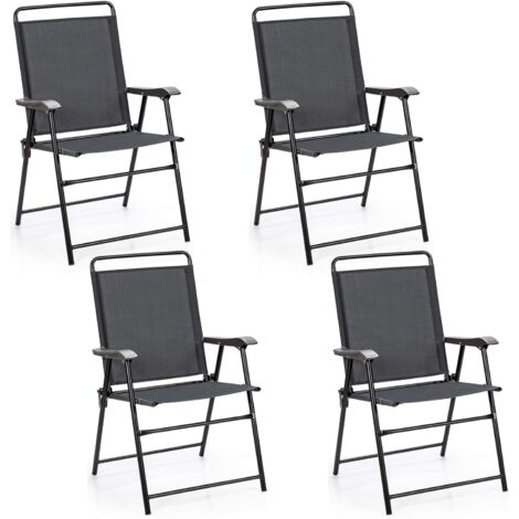 GOPLUS Lot de 4 Chaises Pliantes de Jardin Charge 150KG avec Accoudoirs Courbés/Dossier Haut-Cadre en Métal et Assise en Tissu Noir (1/5)