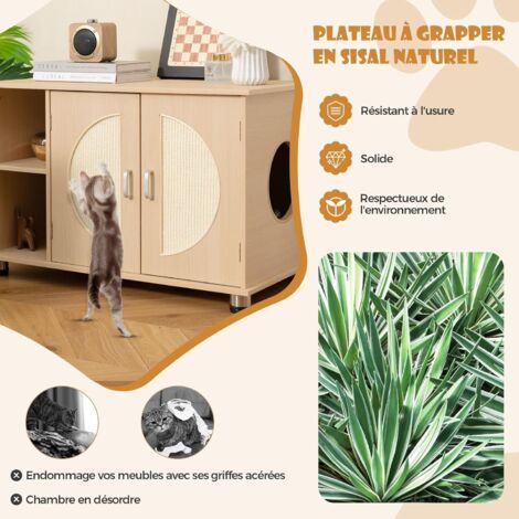 DOVEAID Maison à Litière Pour Chat Cachée, Meuble à Litière Pour Grands Chats, Rotin Tissé à La Main Avec Porte, Boîte De Toilette Pour Chat, Maison De Rangement D'intérieur Pour Chat Avec