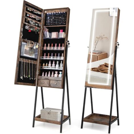 GOPLUS Armoire à Bijoux-Miroir Pleine Longueur-Lumière LED à 3 Couleurs-Étagère Inférieure/Tiroirs/Miroir de Maquillage Marron