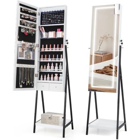 Goplus – Armoire à bijoux miroir pleine longueur avec lumière LED – 72 compartiments – Verrouillable – MDF et métal – Dimensions 41 x 35 x 160 cm