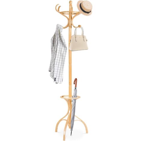 GOPLUS Porte-Manteau sur 3 Pieds avec Support Parapluie, 2 Niveaux et 12 Crochets, 3 Coulours, Support Manteau Perroquet en Bois Courbe, Hauteur de 182CM, pour Entrée, Salon et Bureau (Châtain Clair) (1/5)
