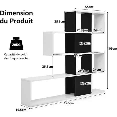 GOPLUS Bibliothèque sur Pied à 4 Niveaux, Meuble de Rangement en Forme Irrégulière avec Étagère Ouverte et Compartiments 120x19,5x120cm Blanc+Noir