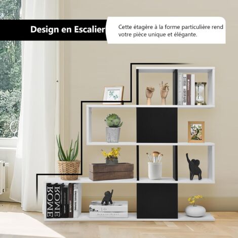 GOPLUS Bibliothèque sur Pied à 4 Niveaux, Meuble de Rangement en Forme Irrégulière avec Étagère Ouverte et Compartiments 120x19,5x120cm Blanc+Noir