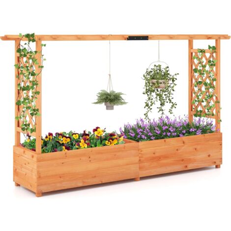 Goplus – Jardinière surélevée en bois de sapin avec treillis et toit suspendu – 200x44x114cm – Système de drainage efficace – Pour balcon et jardin (1/5)