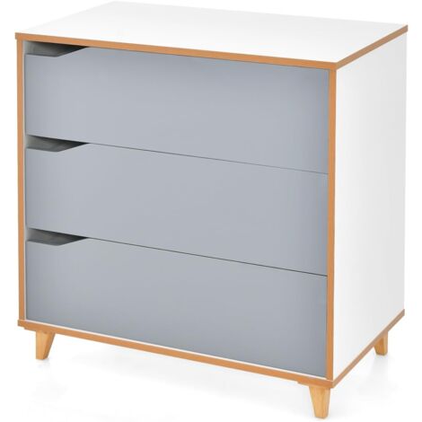 GOPLUS Commode à 3 Tiroirs,Poignée Encastrée,Pieds en Bois d'Hévéa, Dispositif Anti-basculement,pour Chambre,Salon,Entrée Gris (1/5)