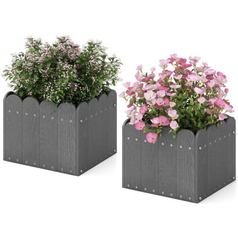 GOPLUS Lot de 2 Carrée Potager en HDPE, Jardinière Extérieur Imtempérable, Trous de Drainage pour Fleurs, Herbes, 32x30x25cm,Gris (1/5)