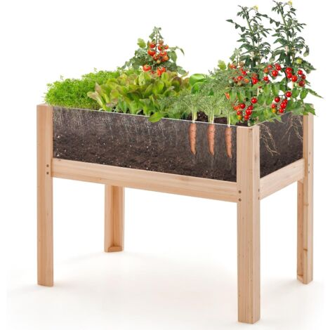 GOPLUS Carré Potager sur Pieds avec Panneau Acrylique, Lit de Jardin Surélevé en Bois, Trous de Drainage, Plates-Bandes Mobiles, 50L (1/5)